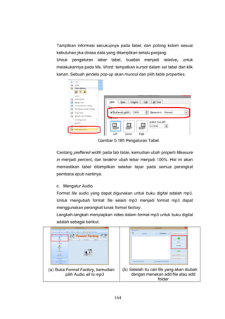 164
Tampilkan informasi secukupnya pada tabel, dan potong kolom sesuai
kebutuhan jika dirasa data yang ditampilkan terlalu panjang.
Untuk pengaturan lebar tabel, buatlah menjadi relative, untuk
melakukannya pada Ms. Word: tempatkan kursor dalam sel tabel dan klik
kanan. Sebuah jendela pop-up akan muncul dan pilih table properties.
Gambar 0.185 Pengaturan Tabel
Centang preffered width pada tab table, kemudian ubah properti Measure
in menjadi percent, dan terakhir ubah lebar menjadi 100%. Hal ini akan
memastikan tabel ditampilkan selebar layar pada semua perangkat
pembaca epub nantinya.
c. Mengatur Audio
Format file audio yang dapat digunakan untuk buku digital adalah mp3.
Untuk mengubah format file selain mp3 menjadi format mp3 dapat
menggunakan perangkat lunak format factory.
Langkah-langkah menyiapkan video dalam format mp3 untuk buku digital
adalah sebagai berikut.
(a) Buka Format Factory, kemudian
pilih Audio all to mp3
(b) Setelah itu cari file yang akan diubah
dengan menekan add file atau add
folder
 