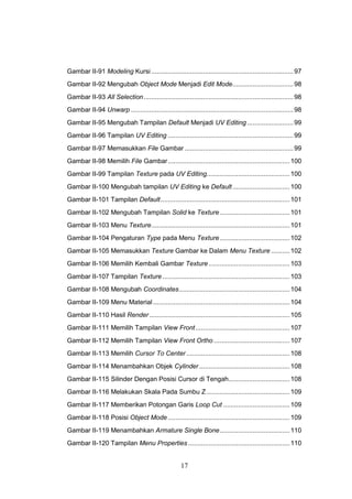 17
Gambar II-91 Modeling Kursi .............................................................................97
Gambar II-92 Mengubah Object Mode Menjadi Edit Mode.................................98
Gambar II-93 All Selection.................................................................................98
Gambar II-94 Unwarp ........................................................................................98
Gambar II-95 Mengubah Tampilan Default Menjadi UV Editing .........................99
Gambar II-96 Tampilan UV Editing ....................................................................99
Gambar II-97 Memasukkan File Gambar...........................................................99
Gambar II-98 Memilih File Gambar..................................................................100
Gambar II-99 Tampilan Texture pada UV Editing.............................................100
Gambar II-100 Mengubah tampilan UV Editing ke Default...............................100
Gambar II-101 Tampilan Default......................................................................101
Gambar II-102 Mengubah Tampilan Solid ke Texture......................................101
Gambar II-103 Menu Texture...........................................................................101
Gambar II-104 Pengaturan Type pada Menu Texture......................................102
Gambar II-105 Memasukkan Texture Gambar ke Dalam Menu Texture ..........102
Gambar II-106 Memilih Kembali Gambar Texture............................................103
Gambar II-107 Tampilan Texture.....................................................................103
Gambar II-108 Mengubah Coordinates............................................................104
Gambar II-109 Menu Material ..........................................................................104
Gambar II-110 Hasil Render ............................................................................105
Gambar II-111 Memilih Tampilan View Front...................................................107
Gambar II-112 Memilih Tampilan View Front Ortho .........................................107
Gambar II-113 Memilih Cursor To Center ........................................................108
Gambar II-114 Menambahkan Objek Cylinder.................................................108
Gambar II-115 Silinder Dengan Posisi Cursor di Tengah.................................108
Gambar II-116 Melakukan Skala Pada Sumbu Z .............................................109
Gambar II-117 Memberikan Potongan Garis Loop Cut ....................................109
Gambar II-118 Posisi Object Mode ..................................................................109
Gambar II-119 Menambahkan Armature Single Bone......................................110
Gambar II-120 Tampilan Menu Properties .......................................................110
 