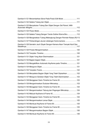 18
Gambar II-121 Menambahkan Bone Pada Posisi Edit Mode ...........................111
Gambar II-122 Seleksi Tulang dan Objek ........................................................111
Gambar II-123 Menyatukan Tulang Dan Objek Dengan Set Parent, With
Automatic Weights...........................................................................................112
Gambar II-124 Poses Mode.............................................................................112
Gambar II-125 Seleksi Tulang Dengan Tanda Outline Warna Biru ..................112
Gambar II-126 Mengerakkan Tulang Melengkung Dengan Perintah Rotasi (R)113
Gambar II-127 Perbandingan ukuran obdengan frame kamera .......................116
Gambar II-128 Semakin Jauh Obyek Dengan Kamera Akan Tampak Kecil Dan
Sebaliknya.......................................................................................................117
Gambar II-129 Proses Menganimasikan..........................................................120
Gambar II-130 Tampilan Timeline....................................................................120
Gambar II-131 Objek Yang Akan Dianimasikan...............................................121
Gambar II-132 Bagian-bagian Objek................................................................121
Gambar II-133 Mengaktifkan Automatic Keyframe pada Timeline....................121
Gambar II-134 Mengunci Objek.......................................................................121
Gambar II-135 Tampilan Frame.......................................................................122
Gambar II-136 Menyeleksi Bagian Objek Yang Telah Dipisahkan ...................122
Gambar II-137 Mengunci Gerakan Objek Yang Telah Dianimasikan ...............123
Gambar II-138 Menggeser Garis Timeline ke Frame 20 ..................................123
Gambar II-139 Menganimasikan Dudukan Mikroskop......................................123
Gambar II-140 Menggeser Garis Timeline ke Frame 40 ..................................124
Gambar II-141 Menganimasikan Tabung dan Pegangan Mikroskop................124
Gambar II-142 Mebuat Keyframe di Frame 40.................................................124
Gambar II-143 Menggeser Garis Timeline ke Frame 60 ..................................124
Gambar II-144 Menganimasikan Lensa Objek.................................................125
Gambar II-145 Membuat Keyframe di Frame 60..............................................125
Gambar II-146 Menggeser Garis Timeline ke Frame 80 ..................................125
Gambar II-147 Menganimasikan Bagian Objek................................................126
Gambar II-148 Membuat Keyframe di Frame 80..............................................126
 