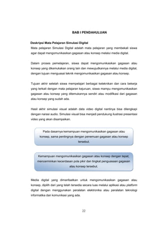 22
BAB I PENDAHULUAN
Deskripsi Mata Pelajaran Simulasi Digital
Mata pelajaran Simulasi Digital adalah mata pelajaran yang membekali siswa
agar dapat mengomunikasikan gagasan atau konsep melalui media digital.
Dalam proses pemelajaran, siswa dapat mengomunikasikan gagasan atau
konsep yang dikemukakan orang lain dan mewujudkannya melalui media digital,
dengan tujuan menguasai teknik mengomunikasikan gagasan atau konsep.
Tujuan akhir setelah siswa mempelajari berbagai keteknikan dan cara bekerja
yang terkait dengan mata pelajaran kejuruan, siswa mampu mengomunikasikan
gagasan atau konsep yang ditemukannya sendiri atau modifikasi dari gagasan
atau konsep yang sudah ada.
Hasil akhir simulasi visual adalah data video digital nantinya bisa dilengkapi
dengan narasi audio. Simulasi visual bisa menjadi pendukung ilustrasi presentasi
video yang akan disampaikan.
Media digital yang dimanfaatkan untuk mengomunikasikan gagasan atau
konsep, dipilih dari yang telah tersedia secara luas melalui aplikasi atau platform
digital dengan menggunakan peralatan elektronika atau peralatan teknologi
informatika dan komunikasi yang ada.
Pada dasarnya kemampuan mengomunikasikan gagasan atau
konsep, sama pentingnya dengan penemuan gagasan atau konsep
tersebut.
Kemampuan mengomunikasikan gagasan atau konsep dengan tepat,
mencerminkan kecerdasan pola pikir dan tingkat penguasaan gagasan
atau konsep tersebut.
 