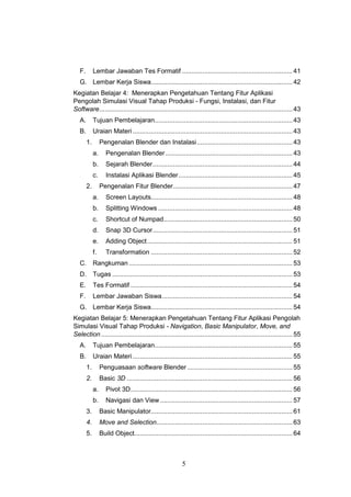 5
F. Lembar Jawaban Tes Formatif ............................................................41
G. Lembar Kerja Siswa.............................................................................42
Kegiatan Belajar 4: Menerapkan Pengetahuan Tentang Fitur Aplikasi
Pengolah Simulasi Visual Tahap Produksi - Fungsi, Instalasi, dan Fitur
Software.........................................................................................................43
A. Tujuan Pembelajaran...........................................................................43
B. Uraian Materi.......................................................................................43
1. Pengenalan Blender dan Instalasi....................................................43
a. Pengenalan Blender.....................................................................43
b. Sejarah Blender............................................................................44
c. Instalasi Aplikasi Blender..............................................................45
2. Pengenalan Fitur Blender.................................................................47
a. Screen Layouts.............................................................................48
b. Splitting Windows .........................................................................48
c. Shortcut of Numpad......................................................................50
d. Snap 3D Cursor............................................................................51
e. Adding Object...............................................................................51
f. Transformation .............................................................................52
C. Rangkuman.........................................................................................53
D. Tugas ..................................................................................................53
E. Tes Formatif ........................................................................................54
F. Lembar Jawaban Siswa.......................................................................54
G. Lembar Kerja Siswa.............................................................................54
Kegiatan Belajar 5: Menerapkan Pengetahuan Tentang Fitur Aplikasi Pengolah
Simulasi Visual Tahap Produksi - Navigation, Basic Manipulator, Move, and
Selection ........................................................................................................55
A. Tujuan Pembelajaran...........................................................................55
B. Uraian Materi.......................................................................................55
1. Penguasaan software Blender .........................................................55
2. Basic 3D ..........................................................................................56
a. Pivot 3D........................................................................................56
b. Navigasi dan View........................................................................57
3. Basic Manipulator.............................................................................61
4. Move and Selection..........................................................................63
5. Build Object......................................................................................64
 