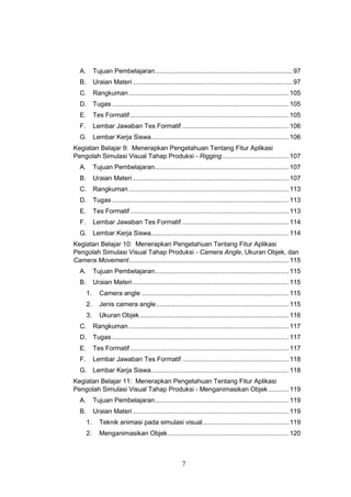 7
A. Tujuan Pembelajaran...........................................................................97
B. Uraian Materi.......................................................................................97
C. Rangkuman.......................................................................................105
D. Tugas ................................................................................................105
E. Tes Formatif ......................................................................................105
F. Lembar Jawaban Tes Formatif ..........................................................106
G. Lembar Kerja Siswa...........................................................................106
Kegiatan Belajar 9: Menerapkan Pengetahuan Tentang Fitur Aplikasi
Pengolah Simulasi Visual Tahap Produksi - Rigging ....................................107
A. Tujuan Pembelajaran.........................................................................107
B. Uraian Materi.....................................................................................107
C. Rangkuman.......................................................................................113
D. Tugas ................................................................................................113
E. Tes Formatif ......................................................................................113
F. Lembar Jawaban Tes Formatif ..........................................................114
G. Lembar Kerja Siswa...........................................................................114
Kegiatan Belajar 10: Menerapkan Pengetahuan Tentang Fitur Aplikasi
Pengolah Simulasi Visual Tahap Produksi - Camera Angle, Ukuran Objek, dan
Camera Movement.......................................................................................115
A. Tujuan Pembelajaran.........................................................................115
B. Uraian Materi.....................................................................................115
1. Camera angle ................................................................................115
2. Jenis camera angle........................................................................115
3. Ukuran Objek.................................................................................116
C. Rangkuman.......................................................................................117
D. Tugas ................................................................................................117
E. Tes Formatif ......................................................................................117
F. Lembar Jawaban Tes Formatif ..........................................................118
G. Lembar Kerja Siswa...........................................................................118
Kegiatan Belajar 11: Menerapkan Pengetahuan Tentang Fitur Aplikasi
Pengolah Simulasi Visual Tahap Produksi - Menganimasikan Objek ...........119
A. Tujuan Pembelajaran.........................................................................119
B. Uraian Materi.....................................................................................119
1. Teknik animasi pada simulasi visual...............................................119
2. Menganimasikan Objek..................................................................120
 