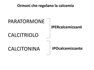 Ormoni che regolano la calcemia
PARATORMONE
CALCITRIOLO
CALCITONINA
IPERcalcemizzanti
IPOcalcemizzante
 