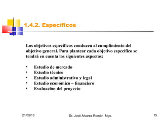 21/05/13 Dr. José Álvarez Román Mgs. 15
1.4.2. Específicos
Los objetivos específicos conducen al cumplimiento del
objetivo general. Para plantear cada objetivo específico se
tendrá en cuenta los siguientes aspectos:
• Estudio de mercado
• Estudio técnico
• Estudio administrativo y legal
• Estudio económico – financiero
• Evaluación del proyecto
 