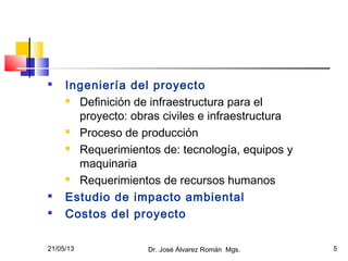 21/05/13 Dr. José Álvarez Román Mgs. 5

Ingeniería del proyecto
 Definición de infraestructura para el
proyecto: obras civiles e infraestructura
 Proceso de producción
 Requerimientos de: tecnología, equipos y
maquinaria
 Requerimientos de recursos humanos

Estudio de impacto ambiental

Costos del proyecto
 