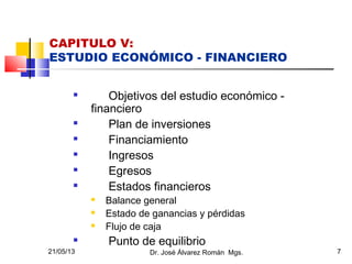 21/05/13 Dr. José Álvarez Román Mgs. 7
CAPITULO V:
ESTUDIO ECONÓMICO - FINANCIERO

Objetivos del estudio económico -
financiero

Plan de inversiones

Financiamiento

Ingresos

Egresos

Estados financieros
 Balance general
 Estado de ganancias y pérdidas
 Flujo de caja

Punto de equilibrio
 