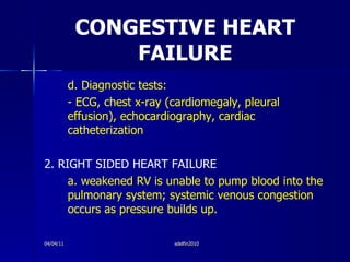 CONGESTIVE HEART FAILURE <ul><li>d. Diagnostic tests: </li></ul><ul><li>- ECG, chest x-ray (cardiomegaly, pleural effusion...