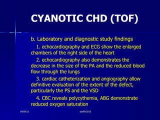 CYANOTIC CHD (TOF) <ul><li>b. Laboratory and diagnostic study findings </li></ul><ul><li>1. echocardiography and ECG show ...