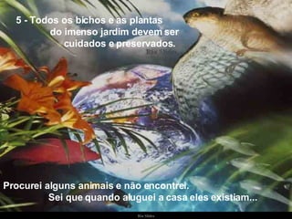 5 - Todos os bichos e as plantas  do imenso jardim devem ser  cuidados e preservados. Procurei alguns animais e não encontrei.  Sei que quando aluguei a casa eles existiam... 