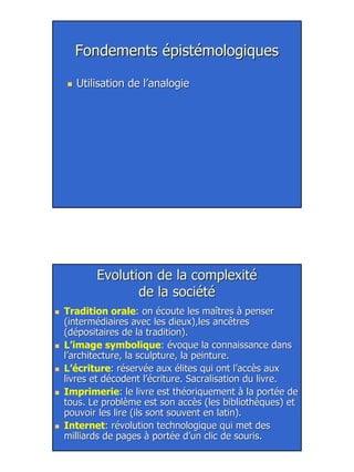 10
Fondements épistémologiquesFondements épistémologiques
Utilisation de l’analogieUtilisation de l’analogie
EvolutionEvolution de la complexitéde la complexité
de la sociétéde la société
Tradition orale: on écoute les maîtres à penser: on écoute les maîtres à penser
(intermédiaires avec les dieux),les ancêtres(intermédiaires avec les dieux),les ancêtres
(dépositaires de la tradition).(dépositaires de la tradition).
L’image symbolique: évoque la connaissance dans: évoque la connaissance dans
l’architecture, la sculpture, la peinture.l’architecture, la sculpture, la peinture.
L’écriture: réservée aux élites qui ont l’accès aux: réservée aux élites qui ont l’accès aux
livres et décodent l’écriture. Sacralisation du livre.livres et décodent l’écriture. Sacralisation du livre.
Imprimerie: le livre est théoriquement à la portée de: le livre est théoriquement à la portée de
tous. Le problème est son accès (les bibliothèques) ettous. Le problème est son accès (les bibliothèques) et
pouvoir les lire (ils sont souvent en latin).pouvoir les lire (ils sont souvent en latin).
Internet: révolution technologique qui met des: révolution technologique qui met des
milliards de pages à portée d’un clic de souris.milliards de pages à portée d’un clic de souris.
 