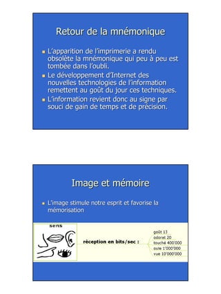 17
Retour de la mnémoniqueRetour de la mnémonique
L’apparition de l’imprimerie a renduL’apparition de l’imprimerie a rendu
obsolète la mnémonique qui peu à peu estobsolète la mnémonique qui peu à peu est
tombée dans l’oubli.tombée dans l’oubli.
Le développement d’Internet desLe développement d’Internet des
nouvelles technologies de l’informationnouvelles technologies de l’information
remettent au goût du jour ces techniques.remettent au goût du jour ces techniques.
L’information revient donc au signe parL’information revient donc au signe par
souci de gain de temps et de précision.souci de gain de temps et de précision.
Image et mémoireImage et mémoire
L'image stimule notre esprit et favorise laL'image stimule notre esprit et favorise la
mémorisationmémorisation
 
