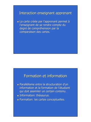 22
Interaction enseignant apprenantInteraction enseignant apprenant
La carte créée par l’apprenant permet àLa carte créée par l’apprenant permet à
l’enseignant de se rendre compte dul’enseignant de se rendre compte du
degré de compréhension par ladegré de compréhension par la
comparaison des cartes.comparaison des cartes.
Formation et informationFormation et information
Parallélisme entre la structuration d’unParallélisme entre la structuration d’un
information et la formation de l’étudiantinformation et la formation de l’étudiant
qui doit assimiler un certain contenu.qui doit assimiler un certain contenu.
Information: thésaurus.Information: thésaurus.
Formation: les cartes conceptuelles.Formation: les cartes conceptuelles.
 