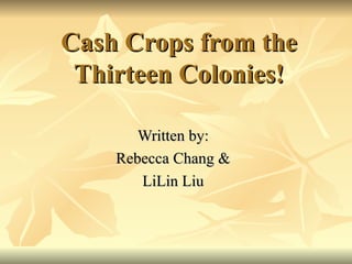 Cash Crops from the Thirteen Colonies! Written by: Rebecca Chang & LiLin Liu 