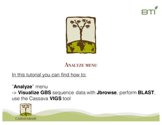 In this tutorial you can find how to:
”Analyze” menu
-> Visualize GBS sequence data with Jbrowse, perform BLAST,
use the Cassava VIGS tool
Analyze menu
 