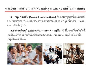4. แบ่ งตามสมาชิกภาพ           ความดึงดูด และความถี่ในการติดต่ อ
    4.1  กลุ่มเบืองต้ น (Primary Associative Group) คือ กลุมที่บคคลนันสมัครใจที่
                 ้                                        ่ ุ        ้
 จะเป็ นสมาชิกอย่างไม่เป็ นทางการ และพบกันบ่อย เช่น กลุ่มเพื่อนรับประทาน
 อาหารด้ วยกันทุกวัน
    4.2 กลุ่มทุตยภูมิ (Secondary Associative Group) คือ กลุมที่บคคลนันสมัครใจที่
                ิ                                         ่ ุ        ้
 จะเป็ นสมาชิก แต่พบกันไม่บอย เช่น สมาชิกสมาคม-ชมรม, กลุมศิษย์เก่า หรื อ
                           ่                           ่
 กลุมฟิ ตเนส เป็ นต้ น
   ่




                                                                               14
 