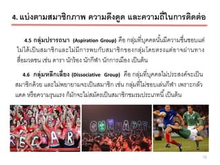 4. แบ่ งตามสมาชิกภาพ            ความดึงดูด และความถี่ในการติดต่ อ

    4.5      กลุ่มปรารถนา (Aspiration Group) คือ กลุมที่บคคลนันมีความชื่นชอบแต่
                                                       ่ ุ       ้
 ไม่ ไ ด้ เ ป็ นสมาชิ ก และไม่ มี ก ารพบกับ สมาชิ ก ของกลุ่ม โดยตรงแต่ อ าจผ่ า นทาง
 สื่อมวลชน เช่น ดารา นักร้ อง นักกีฬา นักการเมือง เป็ นต้ น
   4.6  กลุ่มหลีกเลี่ยง (Dissociative Group) คือ กลุ่มที่บคคลไม่ประสงค์จะเป็ น
                                                          ุ
สมาชิกด้ วย และไม่พยายามจะเป็ นสมาชิก เช่น กลุมที่ไม่ชอบเล่นกีฬา เพราะกลัว
                                                 ่
แดด หรื อความรุนแรง ก็มกจะไม่สมัครเป็ นสมาชิกชมรมประเภทนี ้ เป็ นต้ น
                         ั




                                                                                  16
 