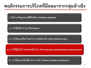 พฤติกรรมการบริโภคที่มีผลมาจากกลุ่มอ้ างอิง
  1. ใช้ ความดึงดูดของผู้มีช่ ือเสียง (Celebrity Appeals)



  2. การใช้ ผ้ ูเชี่ยวชาญ (The Expert)



  3. การใช้ บุคคลที่ตกในสถานการณ์ คล้ ายกัน (The Common man)



 4.4. การใช้ผ้ บริหารและพนักงาน (The Executive and Employee spoke-person)
    การใช้ ผู หารและพนักงาน (The Executive and Employee spoke-person)


  5. การใช้ โฆษกหรื อพิธีกรทางการค้ า (Trade or Spoken-characters)
                                                                            28
 