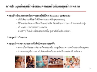 การประยุกต์ กลุ่มอ้ างอิงและครอบครัวกับกลยุทธ์ การตลาด

• กลุ่มอ้ างอิงและการคล้ อยตามของผู้บริโภค (Consumer Conformity)
            - แจ้ งให้ ทราบ หรื อทาให้ เกิดความตระหนัก (Awareness)
            - ให้ โอกาสแต่ละคนเปรี ยบเทียบความคิด ทัศนคติ และการกระทาของตนกับกลุม
                                                                               ่
            - สร้ างผลกระทบให้ เกิดการยอมรับ
            - ทาให้ การใช้ สินค้ าหรื อผลิตภัณฑ์นน ๆ เป็ นสิ่งที่จะต้ องกระทา
                                                 ั้
• กลยุทธ์ การโฆษณา
• กลยุทธ์ การตลาดและการตัดสินใจของครอบครัว
          - ความเกี่ยวข้ องของแต่ละคนในครอบครัว แรงจูงใจและความสนใจของแต่ละบุคคล
          - กาหนดกลยุทธ์การตลาดให้ สอดคล้ องกับความจาเป็ นของสมาชิกแต่ละคน




                                                                                    38
 