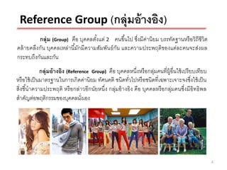 Reference Group (กลุ่มอ้ างอิง)
          กลุ่ม (Group) คือ บุคคลตังแต่ 2 คนขึนไป ซึ่งมีค่านิยม บรรทัดฐานหรื อวิถีชีวิต
                                   ้             ้
คล้ ายคลึงกัน บุคคลเหล่านีมักมีความสัมพันธ์ กัน และความประพฤติของแต่ละคนจะส่งผล
                          ้
กระทบถึงกันและกัน
              กลุ่มอ้ างอิง (Reference Group) คือ บุคคลหนึ่งหรื อกลุ่มคนที่ผ้ อื่นใช้ เปรี ยบเทียบ
                                                                              ู
หรื อใช้ เป็ นมาตรฐานในการเกิดค่านิยม ทัศนคติ ชนิดทัวไปหรื อชนิดที่เฉพาะเจาะจงซึ่งใช้ เป็ น
                                                       ่
สิ่งชีนาความประพฤติ หรื อกล่าวอีกนัยหนึ่ง กลุ่มอ้ างอิง คือ บุคคลหรื อกลุ่มคนซึ่งมีอิทธิ พล
      ้
สาคัญต่อพฤติกรรมของบุคคลนังเอง     ่




                                                                                                     4
 