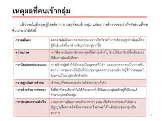 เหตุผลที่คนเข้ ากลุ่ม
      แม้ ว่าจะไม่มีทฤษฎีใดอธิบายสาเหตุที่คนเข้ ากลุ่ม แต่ผลการสารวจพบว่าปั จจัยร่ วมที่พอ
ชี ้แนวทางได้ ดงนี ้
               ั
  ความมั่นคง                ลดความไม่มนคง คลายความเหงา หรื อกังวลกับการต้ องอยู่อย่างโดดเดี่ยว
                                              ั่
                            รู้สกเข้ มแข็งขึ ้น กล้ าเผชิญการข่มขู่มากขึ ้น
                                ึ
  สถานภาพ                   การได้ ร่วมเป็ นสมาชิกของกลุ่มที่มีความสาคัญ ช่วยให้ สมาชิกมีชื่อเสียงและ
                            ได้ รับการนับหน้ าถือตา
  การนิยม/ยกย่ องตนเอง การเข้ ากลุ่ม ท าให้ ตัว เองเป็ นบุ ค คลที่ มี ค่ า และนอกจากจะเป็ นการเพิ่ ม
                       สถานภาพของตนให้ เป็ นที่ นิย มของบุคคลภายนอกแล้ ว ยังรู้ สึกว่าตนเองมี
                       คุณค่าแม้ ในหมูสมาชิกด้ วยกัน
                                       ่
  ความผูกผันทางสังคม        เข้ ากลุมเพื่อตอบสนองความต้ องการทางสังคม
                                    ่
  การสร้ างอานาจต่ อรอง     สิงที่ลาพังคนเดียวทาไม่ได้ ก็สามารถทาได้ ในนามกลุมพลังอยู่ที่ปริมาณ/
                              ่                                             ่
                            จานวนบุคคลในกลุม   ่
  การประสบความสาเร็จ        งานบางอย่างต้ องการคนทามากกว่า 1 คน หรื อต้ องการระดมกาลังทาง
                            ปั ญญาหรื อความคิดที่หลากหลาย ซึงอาจทาได้ ในลักษณะของกลุมเป็ น
                                                            ่                       ่
                            ทางการ
                                                                                                        5
 