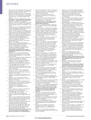 REVIEWS

1.	    Tupin, E., Kinjo, Y. & Kronenberg, M. The unique role of        27.	 Zajonc, D. M., Elsliger, M. A., Teyton, L. & Wilson, I. A.    51.	 Dougan, S. K. et al. Microsomal triglyceride transfer
       natural killer T cells in the response to microorganisms.            Crystal structure of CD1a in complex with a sulfatide              protein lipidation and control of CD1d on antigen-
       Nature Rev. Microbiol. 5, 405–417 (2007).                            self antigen at a resolution of 2.15 Å. Nature                     presenting cells. J. Exp. Med. 202, 529–539 (2005).
2.	    Bendelac, A., Savage, P. B. & Teyton, L. The biology of              Immunol. 4, 808–815 (2003).                                   52.	 Sagiv, Y. et al. A distal effect of microsomal
       NKT cells. Annu. Rev. Immunol. 25, 297–336 (2007).              28.	 Zajonc, D. M. et al. Molecular mechanism of                        triglyceride transfer protein deficiency on the
3.	    Beckman, E. M. et al. Recognition of a lipid antigen by              lipopeptide presentation by CD1a. Immunity 22,                     lysosomal recycling of CD1d. J. Exp. Med. 204,
       CD1-restricted αβ+ T cells. Nature 372, 691–694                      209–219 (2005).                                                    921–928 (2007).
       (1994).                                                         29.	 Gadola, S. D. et al. Structure of human CD1b with             53.	 Briken, V., Jackman, R. M., Dasgupta, S., Hoening, S.
       This is the first report showing that CD1 presents a                 bound ligands at 2.3 Å, a maze for alkyl chains.                   & Porcelli, S. A. Intracellular trafficking pathway of
       lipid antigen — a mycolic acid from M. tuberculosis.                 Nature Immunol. 3, 721–726 (2002).                                 newly synthesized CD1b molecules. EMBO J. 21,
4.	    Brennan, P. J. & Nikaido, H. The envelope of                         The crystal structure of CD1b revealed how very                    825–834 (2002).
       mycobacteria. Annu. Rev. Biochem. 64, 29–63 (1995).                  long alkyl chains can be accommodated in the                  54.	 Jayawardena-Wolf, J., Benlagha, K., Chiu, Y. H.,
5.	    Sieling, P. A. et al. CD1-restricted T cell recognition of           antigen-binding compartment.                                       Mehr, R. & Bendelac, A. CD1d endosomal trafficking
       microbial lipoglycan antigens. Science 269, 227–230             30.	 Borg, N. A. et al. CD1d-lipid-antigen recognition by               is independently regulated by an intrinsic CD1d-
       (1995).                                                              the semi-invariant NKT T-cell receptor. Nature 448,                encoded tyrosine motif and by the invariant chain.
6.	    Moody, D. B. et al. CD1c-mediated T-cell recognition of              44–49 (2007).                                                      Immunity 15, 897–908 (2001).
       isoprenoid glycolipids in Mycobacterium tuberculosis            31.	 Sugita, M., Porcelli, S. A. & Brenner, M. B. Assembly         55.	 Kang, S. J. & Cresswell, P. Regulation of intracellular
       infection. Nature 404, 884–888 (2000).                               and retention of CD1b heavy chains in the endoplasmic              trafficking of human CD1d by association with MHC
7.	    Ulrichs, T., Moody, D. B., Grant, E., Kaufmann, S. H. &              reticulum. J. Immunol. 159, 2358–2365 (1997).                      class II molecules. EMBO J. 21, 1650–1660 (2002).
       Porcelli, S. A. T-cell responses to CD1-presented lipid         32.	 Huttinger, R., Staffler, G., Majdic, O. & Stockinger, H.      56.	 Bonifacino, J. S. & Traub, L. M. Signals for sorting of
       antigens in humans with Mycobacterium tuberculosis                   Analysis of the early biogenesis of CD1b: involvement              transmembrane proteins to endosomes and lysosomes.
       infection. Infect. Immun. 71, 3076–3087 (2003).                      of the chaperones calnexin and calreticulin, the                   Annu. Rev. Biochem. 72, 395–447 (2003).
8.	    Gilleron, M. et al. Diacylated sulfoglycolipids are novel            proteasome and β2-microglobulin. Int. Immunol. 11,            57.	 Sugita, M. et al. Cytoplasmic tail-dependent
       mycobacterial antigens stimulating CD1-restricted                    1615–1623 (1999).                                                  localization of CD1b antigen-presenting molecules to
       T cells during infection with Mycobacterium                     33.	 Kang, S. J. & Cresswell, P. Calnexin, calreticulin, and            MIICs. Science 273, 349–352 (1996).
       tuberculosis. J. Exp. Med. 199, 649–659 (2004).                      ERp57 cooperate in disulfide bond formation in                58.	 Sugita, M., van Der Wel, N., Rogers, R. A., Peters, P. J.
9.	    Kinjo, Y. et al. Recognition of bacterial                            human CD1d heavy chain. J. Biol. Chem. 277,                        & Brenner, M. B. CD1c molecules broadly survey the
       glycosphingolipids by natural killer T cells. Nature                 44838–44844 (2002).                                                endocytic system. Proc. Natl Acad. Sci. USA 97,
       434, 520–525 (2005).                                            34.	 Hughes, E. A. & Cresswell, P. The thiol oxidoreductase             8445–8450 (2000).
10.	   Mattner, J. et al. Exogenous and endogenous                          ERp57 is a component of the MHC class I peptide-              59.	 Lawton, A. P. et al. The mouse CD1d cytoplasmic tail
       glycolipid antigens activate NKT cells during microbial              loading complex. Curr. Biol. 8, 709–712 (1998).                    mediates CD1d trafficking and antigen presentation
       infections. Nature 434, 525–529 (2005).                         35.	 Morrice, N. A. & Powis, S. J. A role for the thiol-                by adaptor protein 3-dependent and -independent
11.	   Kinjo, Y. et al. Natural killer T cells recognize                    dependent reductase ERp57 in the assembly of MHC                   mechanisms. J. Immunol. 174, 3179–3186 (2005).
       diacylglycerol antigens from pathogenic bacteria.                    class I molecules. Curr. Biol. 8, 713–716 (1998).             60.	 Chiu, Y. H. et al. Distinct subsets of CD1d-restricted
       Nature Immunol. 7, 978–986 (2006).                              36.	 Bauer, A. et al. Analysis of the requirement for                   T cells recognize self-antigens loaded in different
       This study found that iNKT cells can recognize                       β2-microglobulin for expression and formation of                   cellular compartments. J. Exp. Med. 189, 103–110
       glycolipids from pathogenic bacteria, namely from                    human CD1 antigens. Eur. J. Immunol. 27,                           (1999).
       B. burgdorferi.                                                      1366–1373 (1997).                                             61.	 Chiu, Y. H. et al. Multiple defects in antigen
12.	   Amprey, J. L. et al. A subset of liver NK T cells is            37.	 Brutkiewicz, R. R., Bennink, J. R., Yewdell, J. W. &               presentation and T cell development by mice
       activated during Leishmania donovani infection by                    Bendelac, A. TAP-independent, β2-microglobulin-                    expressing cytoplasmic tail-truncated CD1d. Nature
       CD1d-bound lipophosphoglycan. J. Exp. Med. 200,                      dependent surface expression of functional mouse                   Immunol. 3, 55–60 (2002).
       895–904 (2004).                                                      CD1.1. J. Exp. Med. 182, 1913–1919 (1995).                         References 60 and 61 show the importance of the
13.	   Porcelli, S. et al. Recognition of cluster of differentiation   38.	 Balk, S. P. et al. β2-microglobulin-independent MHC                intracellular trafficking of CD1d, which is controlled
       1 antigens by human CD4–-CD8– cytolytic T                            class Ib molecule expressed by human intestinal                    by its cytoplasmic tail, for the function of the
       lymphocytes. Nature 341, 447–450 (1989).                             epithelium. Science 265, 259–262 (1994).                           molecule.
14.	   Bendelac, A. et al. CD1 recognition by mouse NK1+               39.	 Kim, H. S. et al. Biochemical characterization of CD1d        62.	 Sugita, M. et al. Separate pathways for antigen
       T lymphocytes. Science 268, 863–865 (1995).                          expression in the absence of β2-microglobulin. J. Biol.            presentation by CD1 molecules. Immunity 11,
15.	   Cardell, S. et al. CD1-restricted CD4+ T cells in major              Chem. 274, 9289–9295 (1999).                                       743–752 (1999).
       histocompatibility complex class II-deficient mice.             40.	 Brossay, L. et al. Mouse CD1 is mainly expressed on                This paper describes the differential trafficking of
       J. Exp. Med. 182, 993–1004 (1995).                                   hemopoietic-derived cells. J. Immunol. 159,                        CD1a and CD1b and how, collectively, these CD1
16.	   Kronenberg, M. Toward an understanding of NKT cell                   1216–1224 (1997).                                                  isoforms can broadly survey the endocytic system.
       biology: progress and paradoxes. Annu. Rev. Immunol.            41.	 Amano, M. et al. CD1 expression defines subsets of            63.	 Salamero, J. et al. CD1a molecules traffic through
       23, 877–900 (2005).                                                  follicular and marginal zone B cells in the spleen:                the early recycling endosomal pathway in human
17.	   Vincent, M. S., Xiong, X., Grant, E. P., Peng, W. &                  β2-microglobulin-dependent and independent forms.                  Langerhans cells. J. Invest. Dermatol. 116, 401–408
       Brenner, M. B. CD1a-, b-, and c-restricted TCRs                      J. Immunol. 161, 1710–1717 (1998).                                 (2001).
       recognize both self and foreign antigens. J. Immunol.           42.	 Joyce, S. et al. Natural ligand of mouse CD1d1:               64.	 Sugita, M. et al. Failure of trafficking and antigen
       175, 6344–6351 (2005).                                               cellular glycosylphosphatidylinositol. Science 279,                presentation by CD1 in AP-3-deficient cells. Immunity
18.	   Gumperz, J. E. et al. Murine CD1d-restricted T cell                  1541–1544 (1998).                                                  16, 697–706 (2002).
       recognition of cellular lipids. Immunity 12, 211–221            43.	 De Silva, A. D. et al. Lipid protein interactions: the        65.	 Cernadas, M. et al. Lysosomal localization of murine
       (2000).                                                              assembly of CD1d1 with cellular phospholipids occurs               CD1d mediated by AP-3 is necessary for NK T cell
19.	   Shamshiev, A. et al. Presentation of the same                        in the endoplasmic reticulum. J. Immunol. 168,                     development. J. Immunol. 171, 4149–4155
       glycolipid by different CD1 molecules. J. Exp. Med.                  723–733 (2002).                                                    (2003).
       195, 1013–1021 (2002).                                          44.	 Park, J. J. et al. Lipid-protein interactions: biosynthetic   66.	 Elewaut, D. et al. The adaptor protein AP-3 is required
20.	   Shamshiev, A. et al. The αβ T cell response to self-                 assembly of CD1 with lipids in the endoplasmic                     for CD1d-mediated antigen presentation of
       glycolipids shows a novel mechanism of CD1b loading                  reticulum is evolutionarily conserved. Proc. Natl Acad.            glycosphingolipids and development of Vα14 iNKT
       and a requirement for complex oligosaccharides.                      Sci. USA 101, 1022–1026 (2004).                                    cells. J. Exp. Med. 198, 1133–1146 (2003).
       Immunity 13, 255–264 (2000).                                    45.	 Garcia-Alles, L. F. et al. Endogenous phosphatidylcholine     67.	 Jackman, R. M. et al. The tyrosine-containing
21.	   Shamshiev, A. et al. Self glycolipids as T-cell                      and a long spacer ligand stabilize the lipid-binding               cytoplasmic tail of CD1b is essential for its efficient
       autoantigens. Eur. J. Immunol. 29, 1667–1675                         groove of CD1b. EMBO J. 25, 3684–3692 (2006).                      presentation of bacterial lipid antigens. Immunity 8,
       (1999).                                                              References 42–45 found that endogenous lipids                      341–351 (1998).
22.	   Wu, D. Y., Segal, N. H., Sidobre, S., Kronenberg, M.                 are loaded onto CD1 molecules, which might                    68.	 Boes, M. et al. T-cell engagement of dendritic cells
       & Chapman, P. B. Cross-presentation of                               stabilize the molecules during assembly and                        rapidly rearranges MHC class II transport. Nature
       disialoganglioside GD3 to natural killer T cells.                    trafficking.                                                       418, 983–988 (2002).
       J. Exp. Med. 198, 173–181 (2003).                               46.	 Gadola, S. D. et al. Impaired selection of invariant          69.	 Chow, A., Toomre, D., Garrett, W. & Mellman, I.
23.	   Zhou, D. et al. Lysosomal glycosphingolipid                          natural killer T cells in diverse mouse models of                  Dendritic cell maturation triggers retrograde MHC
       recognition by NKT cells. Science 306, 1786–1789                     glycosphingolipid lysosomal storage diseases. J. Exp.              class II transport from lysosomes to the plasma
       (2004).                                                              Med. 203, 2293–2303 (2006).                                        membrane. Nature 418, 988–994 (2002).
24.	   Speak, A. O. et al. Implications for invariant natural          47.	 Batuwangala, T. et al. The crystal structure of human         70.	 Yuan, W., Dasgupta, A. & Cresswell, P. Herpes simplex
       killer T cell ligands due to the restricted presence of              CD1b with a bound bacterial glycolipid. J. Immunol.                virus evades natural killer T cell recognition by
       isoglobotrihexosylceramide in mammals. Proc. Natl                    172, 2382–2388 (2004).                                             suppressing CD1d recycling. Nature Immunol. 7,
       Acad. Sci. USA 104, 5971–5976 (2007).                           48.	 Sharp, D. et al. Cloning and gene defects in                       835–842 (2006).
25.	   Porubsky, S. et al. Normal development and function                  microsomal triglyceride transfer protein associated           71.	 Pierre, P. et al. Developmental regulation of MHC class
       of invariant natural killer T cells in mice with                     with abetalipoproteinaemia. Nature 365, 65–69                      II transport in mouse dendritic cells. Nature 388,
       isoglobotrihexosylceramide (iGb3) deficiency.                        (1993).                                                            787–792 (1997).
       Proc. Natl Acad. Sci. USA 104, 5977–5982 (2007).                49.	 Wetterau, J. R. et al. Absence of microsomal                  72.	 Sallusto, F., Cella, M., Danieli, C. & Lanzavecchia, A.
26.	   Zeng, Z. et al. Crystal structure of mouse CD1: an                   triglyceride transfer protein in individuals with                  Dendritic cells use macropinocytosis and the
       MHC-like fold with a large hydrophobic binding                       abetalipoproteinemia. Science 258, 999–1001                        mannose receptor to concentrate macromolecules in
       groove. Science 277, 339–345 (1997).                                 (1992).                                                            the major histocompatibility complex class II
       The first CD1 crystal structure (mouse CD1d) shows              50.	 Brozovic, S. et al. CD1d function is regulated by                  compartment: downregulation by cytokines and
       the basic architecture of the antigen-binding                        microsomal triglyceride transfer protein. Nature Med.              bacterial products. J. Exp. Med. 182, 389–400
       groove and how lipids can be accommodated in it.                     10, 535–539 (2004).                                                (1995).




940 | december 2007 | volume 7	                                                                                                                            www.nature.com/reviews/immunol
                                                                           © 2007 Nature Publishing Group
 