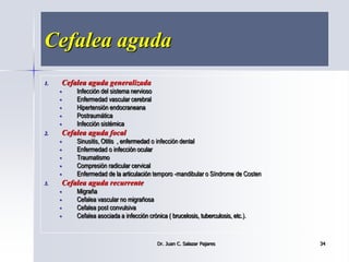 Cefalea aguda
1. Cefalea aguda generalizada
 Infección del sistema nervioso
 Enfermedad vascular cerebral
 Hipertensión endocraneana
 Postraumática
 Infección sistémica
2. Cefalea aguda focal
 Sinusitis, Otitis , enfermedad o infección dental
 Enfermedad o infección ocular
 Traumatismo
 Compresión radicular cervical
 Enfermedad de la articulación temporo -mandibular o Síndrome de Costen
3. Cefalea aguda recurrente
 Migraña
 Cefalea vascular no migrañosa
 Cefalea post convulsiva
 Cefalea asociada a infección crónica ( brucelosis, tuberculosis, etc.).
Dr. Juan C. Salazar Pajares 34
 