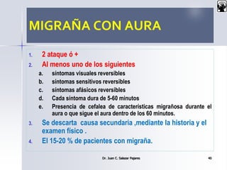 MIGRAÑA CON AURA
1. 2 ataque ó +
2. Al menos uno de los siguientes
a. síntomas visuales reversibles
b. síntomas sensitivos reversibles
c. síntomas afásicos reversibles
d. Cada síntoma dura de 5-60 minutos
e. Presencia de cefalea de características migrañosa durante el
aura o que sigue el aura dentro de los 60 minutos.
3. Se descarta causa secundaria ,mediante la historia y el
examen físico .
4. El 15-20 % de pacientes con migraña.
Dr. Juan C. Salazar Pajares 40
 