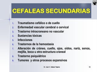 CEFALEAS SECUNDARIAS
1. Traumatismo cefálico o de cuello
2. Enfermedad vascular cerebral o cervical
3. Trastorno intracraneano no vascular
4. Sustancias tóxicas
5. Infecciones
6. Trastornos de la hemostasia
7. Alteración de cráneo, cuello, ojos, oídos, nariz, senos,
mejilla, boca u otra estructura craneal
8. Trastorno psiquiátrico
9. Tumores y otros procesos expansivos
Dr. Juan C. Salazar Pajares 53
 