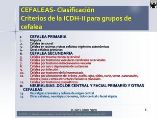 CEFALEAS- Clasificación
Criterios de la ICDH-II para grupos de
cefalea
I. CEFALEA PRIMARIA
1. Migraña
2. Cefalea tensional
3. Cefalea en racimos y otras cefaleas trigémino autonómicas
4. Otras cefaleas primarias
II. CEFALEA SECUNDARIA
5. Cefalea por trauma craneal o cervical
6. Cefalea por trastornos vasculares cerebrales o cervicales
7. Cefalea por trastorno intracraneal no vascular
8. Cefalea por uso o deprivación de sustancias
9. Cefalea por infección
10. Cefalea por trastorno de la homeostasis
11. Cefalea por alteraciones del cráneo ,cuello, ojos, oídos, nariz, senos paranasales,
dientes, boca u otras estructuras faciales o craneales.
12. Cefalea por trastornos psiquiátricos.
III. NEURALGIAS .DOLOR CENTRAL Y FACIAL PRIMARIO Y OTRAS
CEFALEAS
13. Neuralgias craneales y cefalea de origen central
14. Otras cefaleas, neuralgias craneales, dolor central o facial atípico
Dr. Juan C. Salazar Pajares 6
MATEOS , V: Migraña y otras cefaleas. 1ra Ed. ,Edt. Elsevier Masson, Barcelona España, 2011.
 
