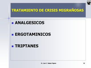 TRATAMIENTO DE CRISIS MIGRAÑOSAS
 ANALGESICOS
 ERGOTAMINICOS
 TRIPTANES
Dr. Juan C. Salazar Pajares 62
 