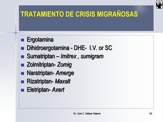 TRATAMIENTO DE CRISIS MIGRAÑOSAS
 Ergotamina
 Dihidroergotamina - DHE- I.V. or SC
 Sumatriptan – Imitrex , sumigram
 Zolmitriptan- Zomig
 Naratriptan- Amerge
 Rizatriptan- Maxalt
 Eletriptan- Axert
Dr. Juan C. Salazar Pajares 63
 