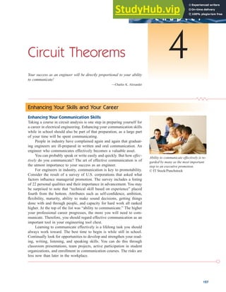 127
Circuit Theorems
Your success as an engineer will be directly proportional to your ability
to communicate!
—Charles K. Alexander
c h a p t e r
4
Enhancing Your Skills and Your Career
Enhancing Your Communication Skills
Taking a course in circuit analysis is one step in preparing yourself for
a career in electrical engineering. Enhancing your communication skills
while in school should also be part of that preparation, as a large part
of your time will be spent communicating.
People in industry have complained again and again that graduat-
ing engineers are ill-prepared in written and oral communication. An
engineer who communicates effectively becomes a valuable asset.
You can probably speak or write easily and quickly. But how effec-
tively do you communicate? The art of effective communication is of
the utmost importance to your success as an engineer.
For engineers in industry, communication is key to promotability.
Consider the result of a survey of U.S. corporations that asked what
factors influence managerial promotion. The survey includes a listing
of 22 personal qualities and their importance in advancement. You may
be surprised to note that “technical skill based on experience” placed
fourth from the bottom. Attributes such as self-confidence, ambition,
flexibility, maturity, ability to make sound decisions, getting things
done with and through people, and capacity for hard work all ranked
higher. At the top of the list was “ability to communicate.” The higher
your professional career progresses, the more you will need to com-
municate. Therefore, you should regard effective communication as an
important tool in your engineering tool chest.
Learning to communicate effectively is a lifelong task you should
always work toward. The best time to begin is while still in school.
Continually look for opportunities to develop and strengthen your read-
ing, writing, listening, and speaking skills. You can do this through
classroom presentations, team projects, active participation in student
organizations, and enrollment in communication courses. The risks are
less now than later in the workplace.
Ability to communicate effectively is re-
garded by many as the most important
step to an executive promotion.
© IT Stock/Punchstock
 