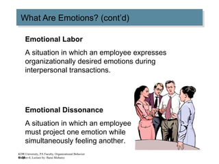 4–30
What Are Emotions? (cont’d)What Are Emotions? (cont’d)
Emotional Labor
A situation in which an employee expresses
organizationally desired emotions during
interpersonal transactions.
Emotional Dissonance
A situation in which an employee
must project one emotion while
simultaneously feeling another.
KDR University, PA Faculty, Organizational Behavior
Chapter-4, Lecture by: Barai Mobarez
 