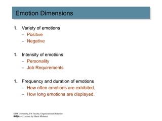 4–33
Emotion DimensionsEmotion Dimensions
1. Variety of emotions
– Positive
– Negative
1. Intensity of emotions
– Personality
– Job Requirements
1. Frequency and duration of emotions
– How often emotions are exhibited.
– How long emotions are displayed.
KDR University, PA Faculty, Organizational Behavior
Chapter-4, Lecture by: Barai Mobarez
 
