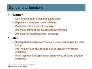 4–34
Gender and EmotionsGender and Emotions
1. Women
– Can show greater emotional expression.
– Experience emotions more intensely.
– Display emotions more frequently.
– Are more comfortable in expressing emotions.
– Are better at reading others’ emotions.
1. Men
– Believe that displaying emotions is inconsistent with the male
image.
– Are innately less able to read and to identify with others’
emotions.
– Have less need to seek social approval by showing positive
emotions.
KDR University, PA Faculty, Organizational Behavior
Chapter-4, Lecture by: Barai Mobarez
 