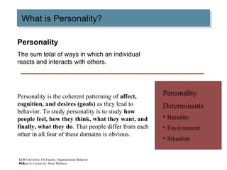4–3
What is Personality?What is Personality?
Personality
The sum total of ways in which an individual
reacts and interacts with others.
Personality is the coherent patterning of affect,
cognition, and desires (goals) as they lead to
behavior. To study personality is to study how
people feel, how they think, what they want, and
finally, what they do. That people differ from each
other in all four of these domains is obvious.
Personality
Determinants
• Heredity
• Environment
• Situation
KDR University, PA Faculty, Organizational Behavior
Chapter-4, Lecture by: Barai Mobarez
 