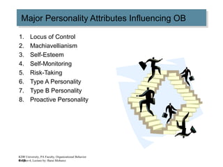 4–15
Major Personality Attributes Influencing OBMajor Personality Attributes Influencing OB
1. Locus of Control
2. Machiavellianism
3. Self-Esteem
4. Self-Monitoring
5. Risk-Taking
6. Type A Personality
7. Type B Personality
8. Proactive Personality
KDR University, PA Faculty, Organizational Behavior
Chapter-4, Lecture by: Barai Mobarez
 