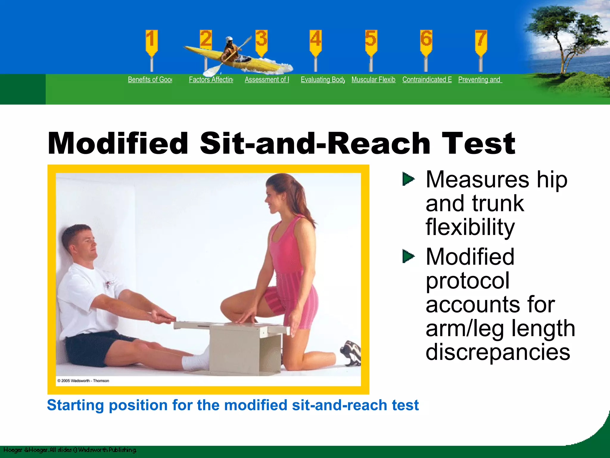 Modified Sit-and-Reach Test Measures hip and trunk flexibility Modified protocol accounts for arm/leg length discrepancies Starting position for the modified sit-and-reach test Benefits of Good Flexibility Factors Affecting Flexibility Assessment of Flexibility Evaluating Body Posture Muscular Flexibility Prescription Contraindicated Exercises Preventing and Rehabilitating Low-Back Pain 