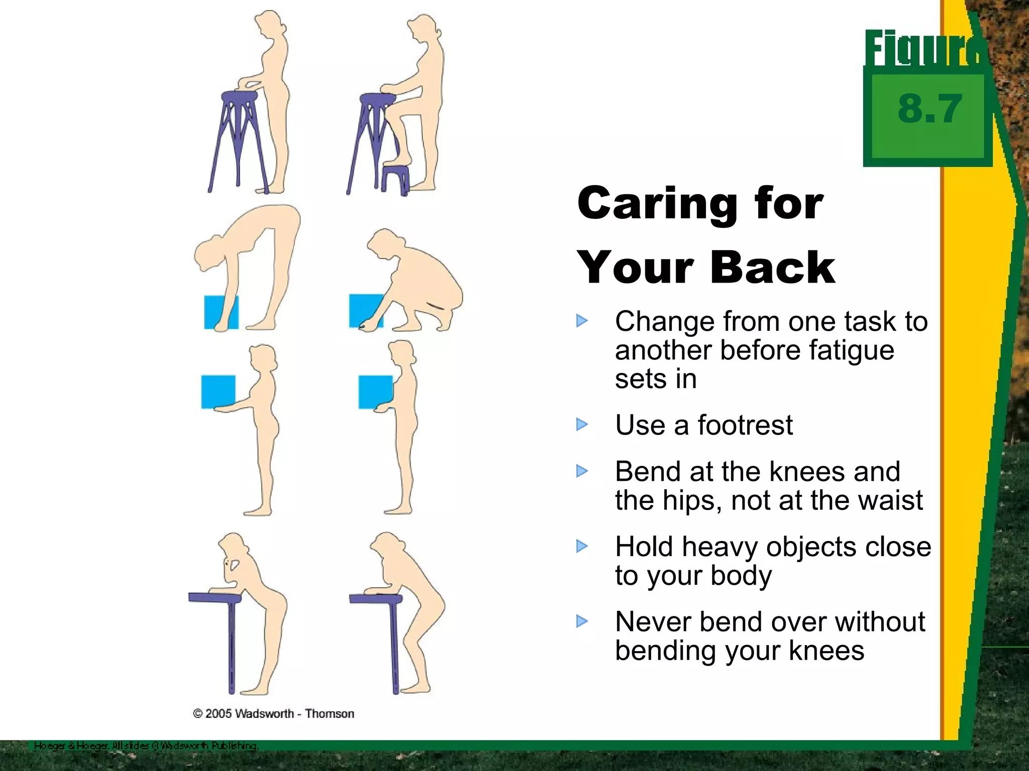 Change from one task to another before fatigue sets in Use a footrest Bend at the knees and the hips, not at the waist Hold heavy objects close to your body Never bend over without bending your knees Caring for Your Back 8.7 