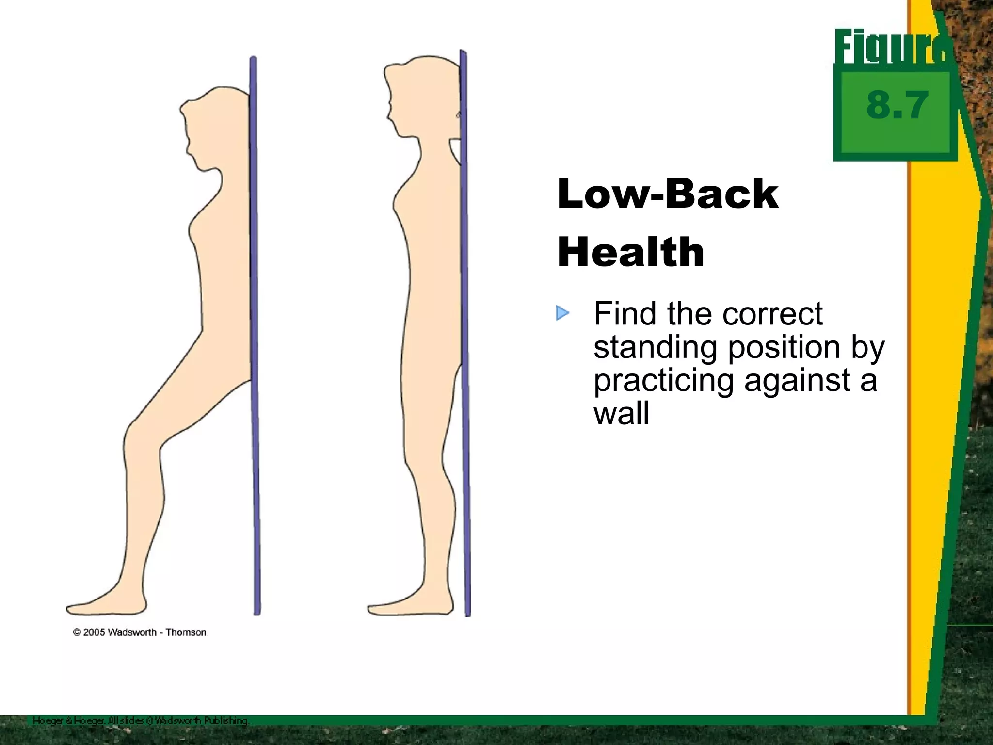 Find the correct standing position by practicing against a wall Low-Back Health 8.7 
