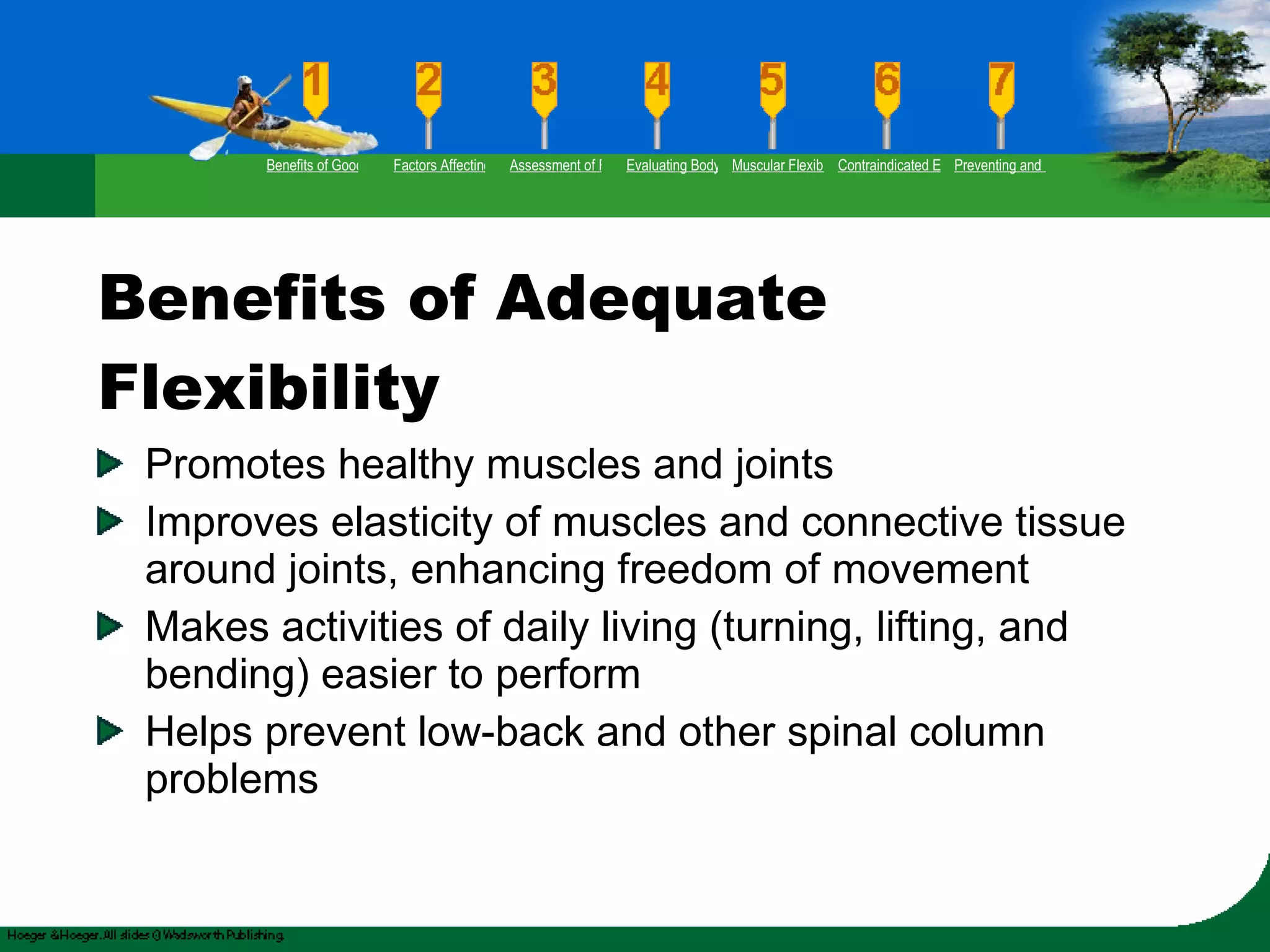 Benefits of Adequate Flexibility Promotes healthy muscles and joints Improves elasticity of muscles and connective tissue around joints, enhancing freedom of movement Makes activities of daily living (turning, lifting, and bending) easier to perform Helps prevent low-back and other spinal column problems Benefits of Good Flexibility Factors Affecting Flexibility Assessment of Flexibility Evaluating Body Posture Muscular Flexibility Prescription Contraindicated Exercises Preventing and Rehabilitating Low-Back Pain 