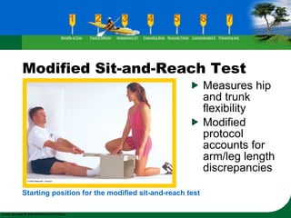 Modified Sit-and-Reach Test Measures hip and trunk flexibility Modified protocol accounts for arm/leg length discrepancies Starting position for the modified sit-and-reach test Benefits of Good Flexibility Factors Affecting Flexibility Assessment of Flexibility Evaluating Body Posture Muscular Flexibility Prescription Contraindicated Exercises Preventing and Rehabilitating Low-Back Pain 