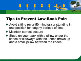 Tips to Prevent Low-Back Pain Avoid sitting (over 50 minutes) or standing in one position for lengthy periods of time Maintain correct posture Sleep on your back with a pillow under the knees or sideways with the knees drawn up and a small pillow between the knees Benefits of Good Flexibility Factors Affecting Flexibility Assessment of Flexibility Evaluating Body Posture Muscular Flexibility Prescription Contraindicated Exercises Preventing and Rehabilitating Low-Back Pain 