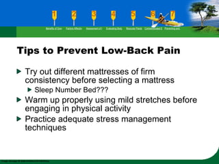 Tips to Prevent Low-Back Pain Try out different mattresses of firm consistency before selecting a mattress Sleep Number Bed??? Warm up properly using mild stretches before engaging in physical activity Practice adequate stress management techniques Benefits of Good Flexibility Factors Affecting Flexibility Assessment of Flexibility Evaluating Body Posture Muscular Flexibility Prescription Contraindicated Exercises Preventing and Rehabilitating Low-Back Pain 