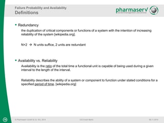 Failure Probability and Availability 
Definitions 
 Redundancy 
the duplication of critical components or functions of a system with the intention of increasing 
reliability of the system [wikipedia.org]. 
N+2  N units suffice, 2 units are redundant 
 Availability vs. Reliability 
Availability is the ratio of the total time a functional unit is capable of being used during a given 
interval to the length of the interval. 
Reliability describes the ability of a system or component to function under stated conditions for a 
specified period of time. [wikipedia.org] 
18 © Pharmaserv GmbH & Co. KG, 2014 
CIO Event Berlin 06.11.2014 
 