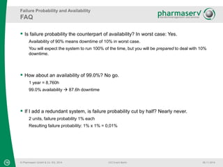 Failure Probability and Availability 
FAQ 
 Is failure probability the counterpart of availability? In worst case: Yes. 
Availability of 90% means downtime of 10% in worst case. 
You will expect the system to run 100% of the time, but you will be prepared to deal with 10% 
downtime. 
 How about an availability of 99.0%? No go. 
1 year = 8,760h 
99.0% availability  87.6h downtime 
 If I add a redundant system, is failure probability cut by half? Nearly never. 
2 units, failure probability 1% each 
Resulting failure probability: 1% x 1% = 0,01% 
19 © Pharmaserv GmbH & Co. KG, 2014 
CIO Event Berlin 06.11.2014 
 