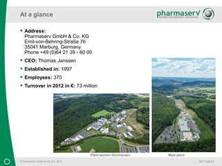 At a glance 
© Pharmaserv GmbH & Co. KG, 2014 
06/11/2014 
 Address: 
Pharmaserv GmbH & Co. KG 
Emil-von-Behring-Straße 76 
35041 Marburg, Germany 
Phone +49 (0)64 21 39 - 60 00 
 CEO: Thomas Janssen 
 Established in: 1997 
 Employees: 370 
 Turnover in 2012 in €: 73 million 
Plant section Görzhausen Main plant 
 