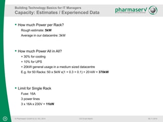 Building Technology Basics for IT Managers 
Capacity: Estimates / Experienced Data 
 How much Power per Rack? 
Rough estimate: 5kW 
Average in our datacentre: 3kW 
 How much Power All in All? 
+ 30% for cooling 
+ 10% for UPS 
+ 20kW general usage in a medium sized datacentre 
E.g. for 50 Racks: 50 x 5kW x(1 + 0.3 + 0.1) + 20 kW = 370kW 
 Limit for Single Rack 
Fuse: 16A 
3 power lines 
3 x 16A x 230V = 11kW 
9 © Pharmaserv GmbH & Co. KG, 2014 
CIO Event Berlin 06.11.2014 
 