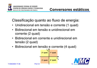 UNIVERSIDADE FEDERAL DE SERGIPE

                                                      Conversores estát cos
                                                      Co e so es estáticos
      CENTRO DE CIÊNCIAS EXATAS E TECNOLOGIA
      NÚCLEO DE ENGENHARIA MECÂNICA




     Classificação quanto ao fluxo de energia:
     • Unidirecional em tensão e corrente (1 quad)
                                           ( q    )
     • Bidirecional em tensão e unidirecional em
       corrente (2 quad)
     • Bidirecional em corrente e unidirecional em
       tensão (2 quad)
     • Bidirecional em tensão e corrente (4 quad)




11/08/2009 17:36                 Prof. Douglas Bressan Riffel    15
 
