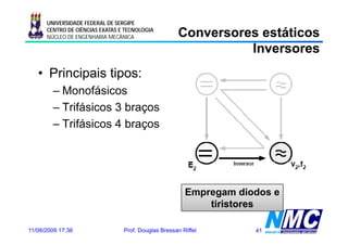 UNIVERSIDADE FEDERAL DE SERGIPE
      CENTRO DE CIÊNCIAS EXATAS E TECNOLOGIA
      NÚCLEO DE ENGENHARIA MECÂNICA                  Conversores estáticos
                                                               Inversores
   • Principais tipos:
        – Monofásicos
        – Trifásicos 3 braços
        – Trifásicos 4 braços




                                                        Empregam diodos e
                                                            tiristores

11/08/2009 17:36                 Prof. Douglas Bressan Riffel       41
 